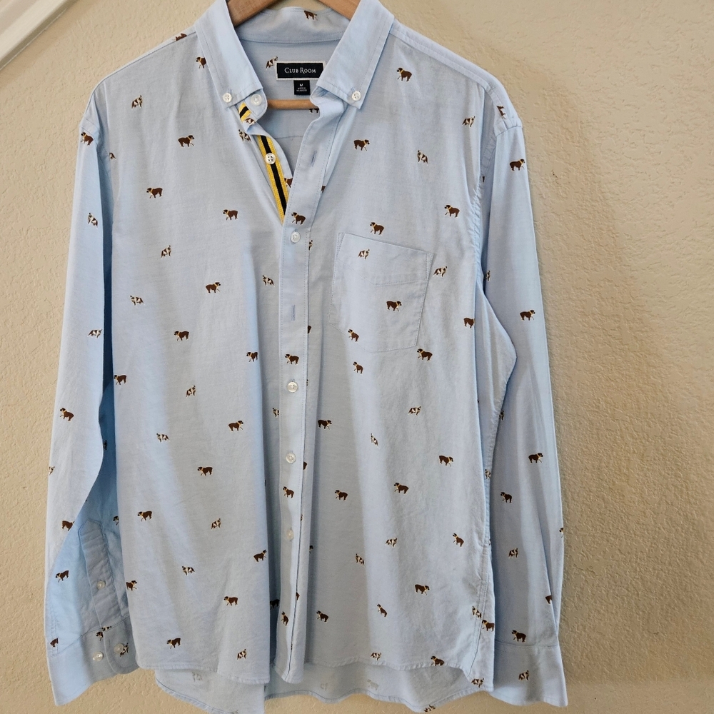 CLUB ROOM Men's Dog‎ Print Button Down Shirt Oxford Casual Preppy Blue Sz M